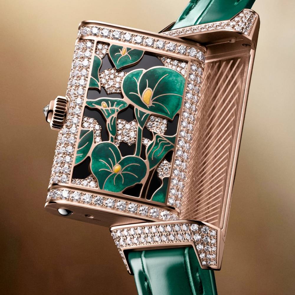 2025 Model Jaeger-LeCoultre Reverso One Precious Flowers 40mm - Ref: Q3292434 White Mother-of-Pearl Dial in 18k Rose Gold Case, Green Leather