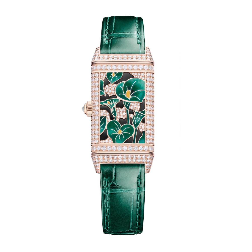2025 Model Jaeger-LeCoultre Reverso One Precious Flowers 40mm - Ref: Q3292434 White Mother-of-Pearl Dial in 18k Rose Gold Case, Green Leather