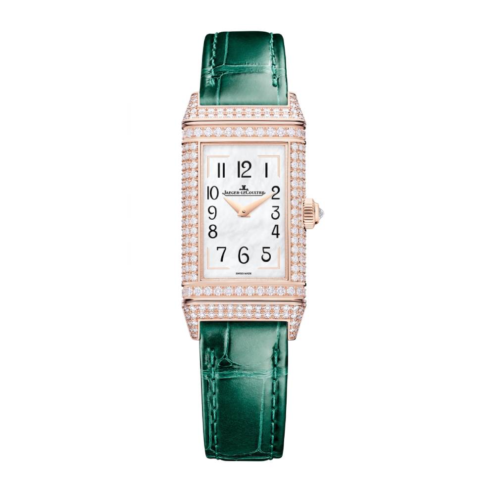 2025 Model Jaeger-LeCoultre Reverso One Precious Flowers 40mm - Ref: Q3292434 White Mother-of-Pearl Dial in 18k Rose Gold Case, Green Leather
