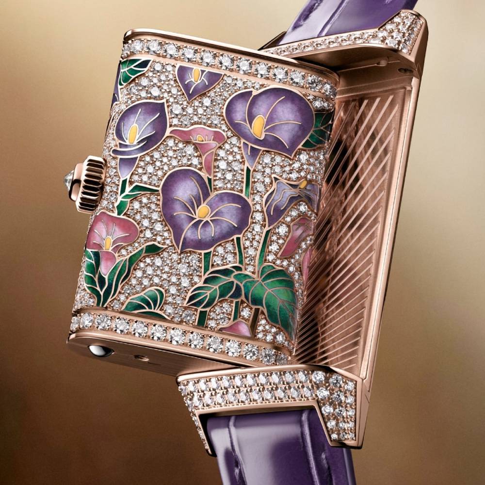 2025 Model Jaeger-LeCoultre Reverso One Precious Flowers 40mm - Ref: Q3292435 White Mother-of-Pearl Dial in 18k Rose Gold Case, Purple Leather