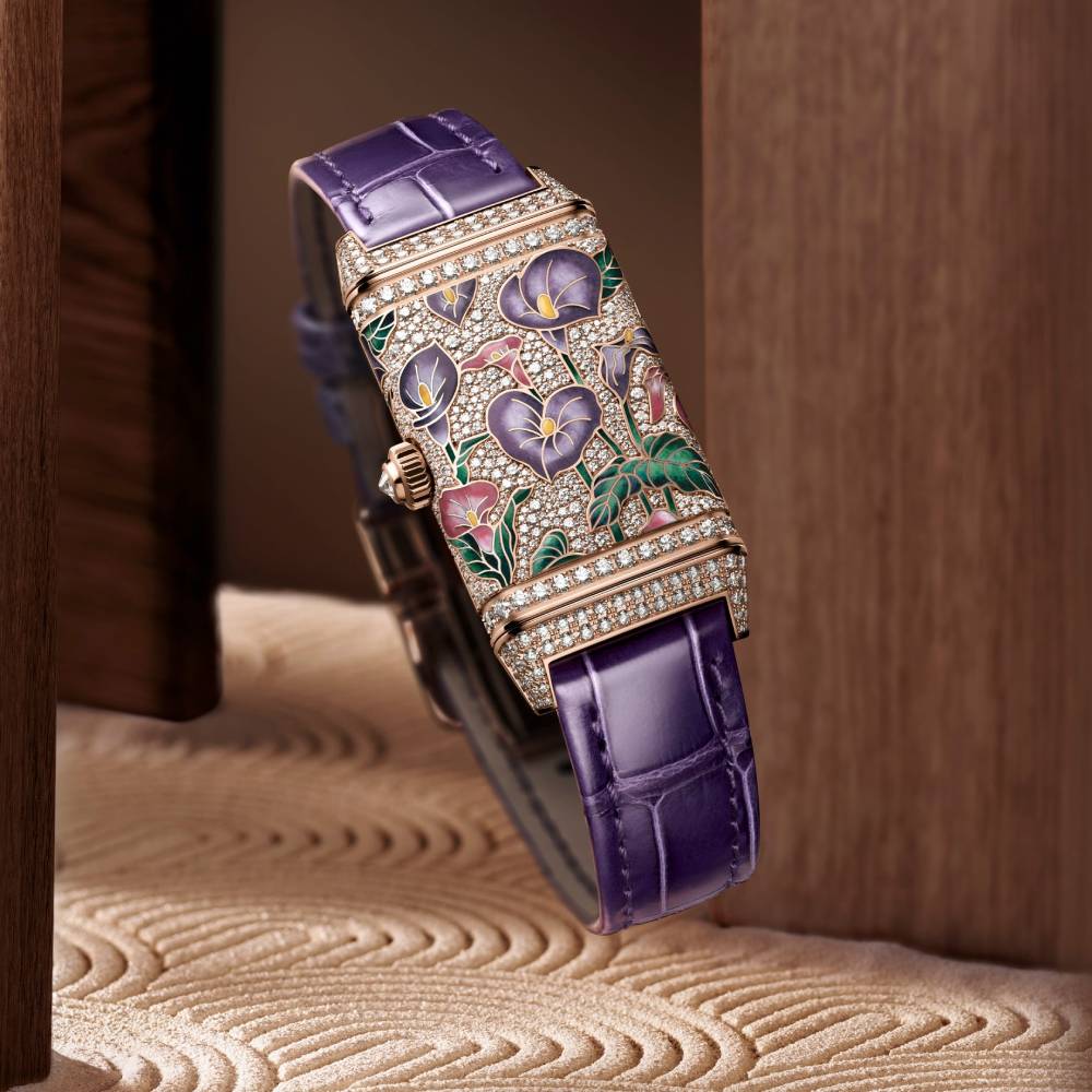 2025 Model Jaeger-LeCoultre Reverso One Precious Flowers 40mm - Ref: Q3292435 White Mother-of-Pearl Dial in 18k Rose Gold Case, Purple Leather