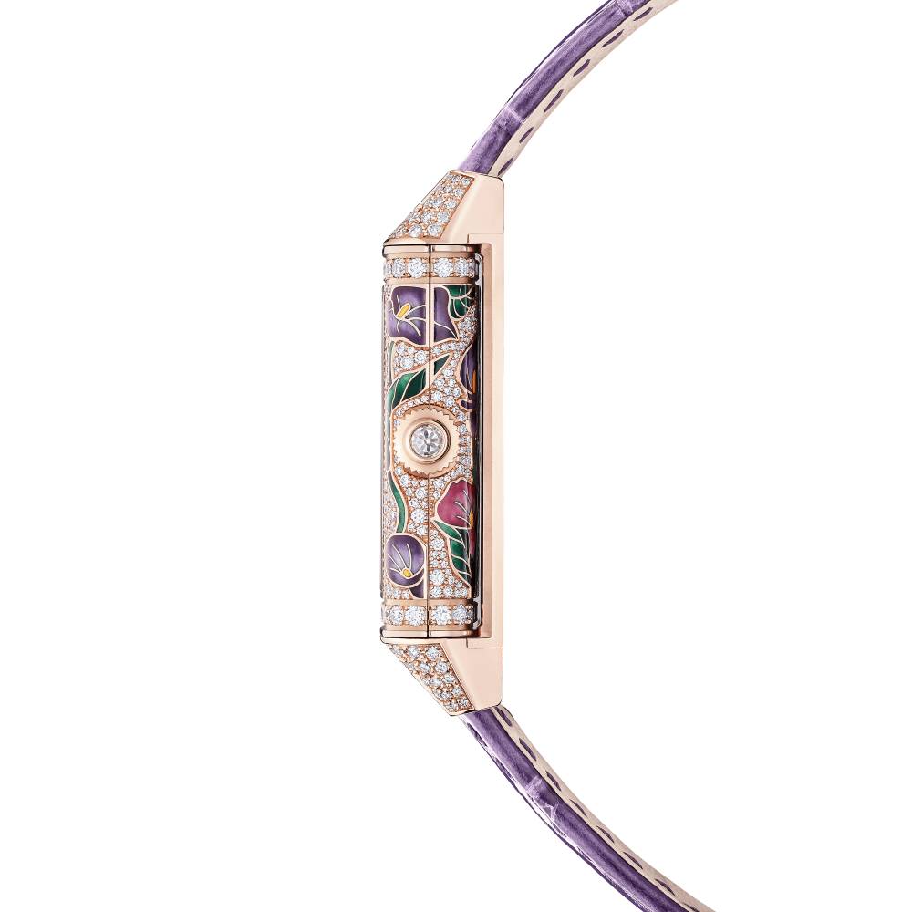 2025 Model Jaeger-LeCoultre Reverso One Precious Flowers 40mm - Ref: Q3292435 White Mother-of-Pearl Dial in 18k Rose Gold Case, Purple Leather