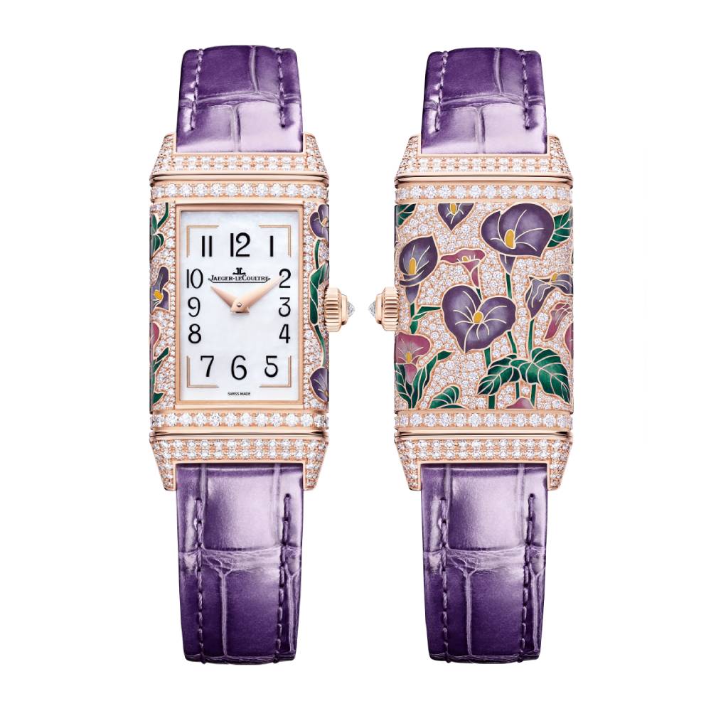 2025 Model Jaeger-LeCoultre Reverso One Precious Flowers 40mm - Ref: Q3292435 White Mother-of-Pearl Dial in 18k Rose Gold Case, Purple Leather