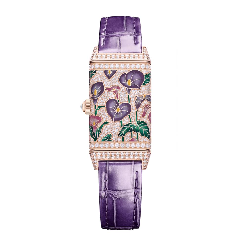 2025 Model Jaeger-LeCoultre Reverso One Precious Flowers 40mm - Ref: Q3292435 White Mother-of-Pearl Dial in 18k Rose Gold Case, Purple Leather