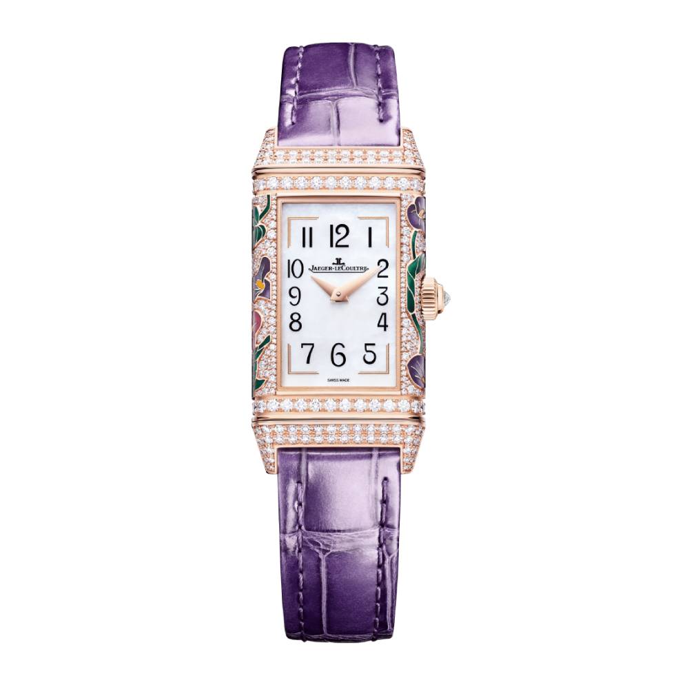 2025 Model Jaeger-LeCoultre Reverso One Precious Flowers 40mm - Ref: Q3292435 White Mother-of-Pearl Dial in 18k Rose Gold Case, Purple Leather