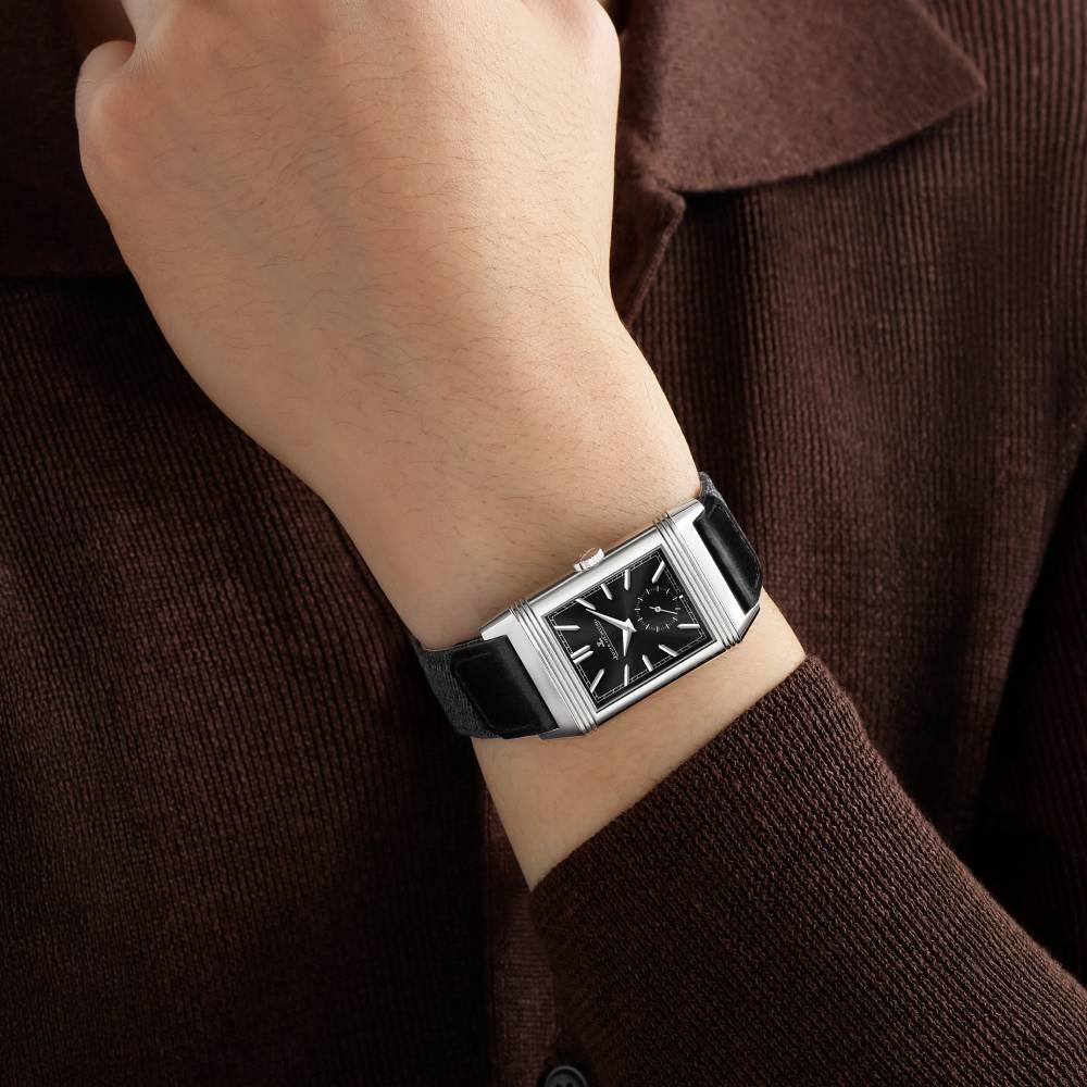 2025 Model Jaeger-LeCoultre Reverso Tribute Duoface Small Seconds 45mm - Ref: Q398847J Black/Grey Dial in Stainless Steel Case, Black Calfskin Leather