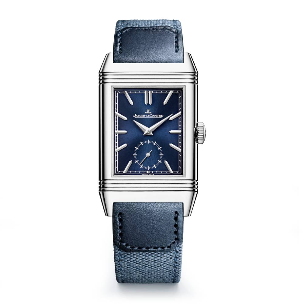 2025 Model Jaeger-LeCoultre Reverso Tribute Duoface Small Seconds 47mm - Ref: Q3988481 Blue/Silvered Gray Dial in Stainless Steel Case, Blue Calfskin Leather