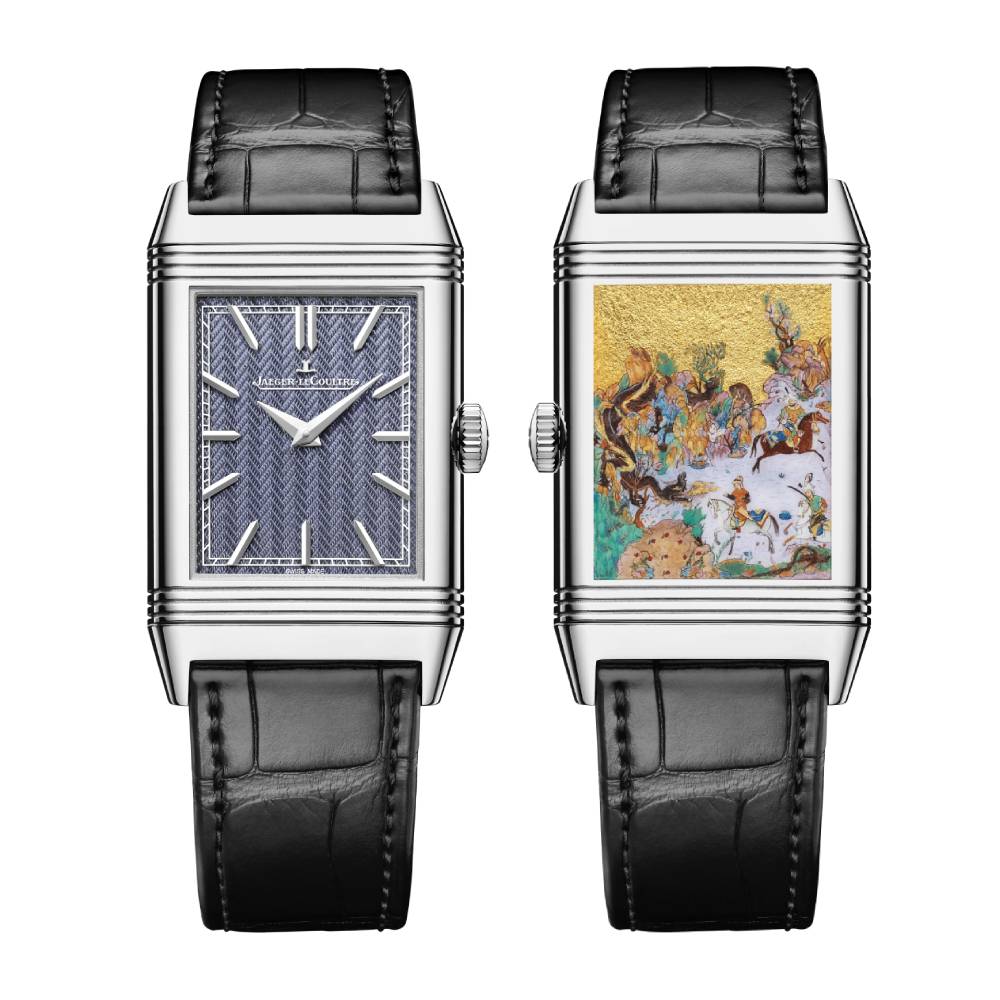2025 Model Jaeger-LeCoultre Reverso Tribute Faridun Tests His Sons 45mm - Ref: Q39334S2 Blue Dial in 18k White Gold Case, Black Leather