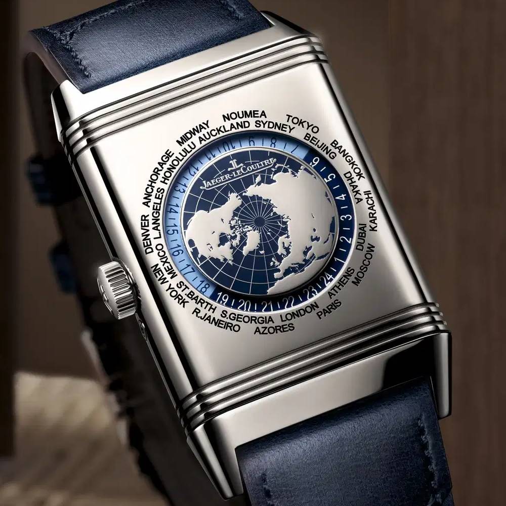 2025 Model Jaeger-LeCoultre Reverso Tribute Geographic 45mm - Ref: Q714845J Blue Dial in Stainless Steel Case, Blue Calfskin Leather