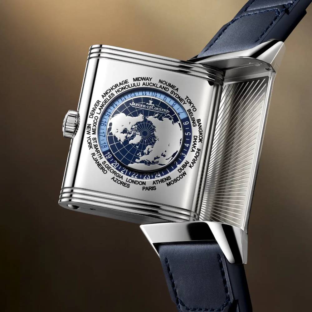 2025 Model Jaeger-LeCoultre Reverso Tribute Geographic 45mm - Ref: Q714845J Blue Dial in Stainless Steel Case, Blue Calfskin Leather