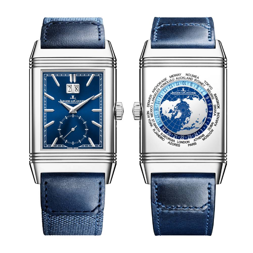 2025 Model Jaeger-LeCoultre Reverso Tribute Geographic 45mm - Ref: Q714845J Blue Dial in Stainless Steel Case, Blue Calfskin Leather
