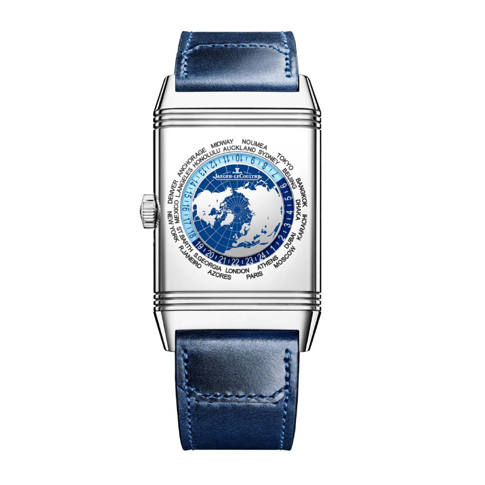 2025 Model Jaeger-LeCoultre Reverso Tribute Geographic 45mm - Ref: Q714845J Blue Dial in Stainless Steel Case, Blue Calfskin Leather