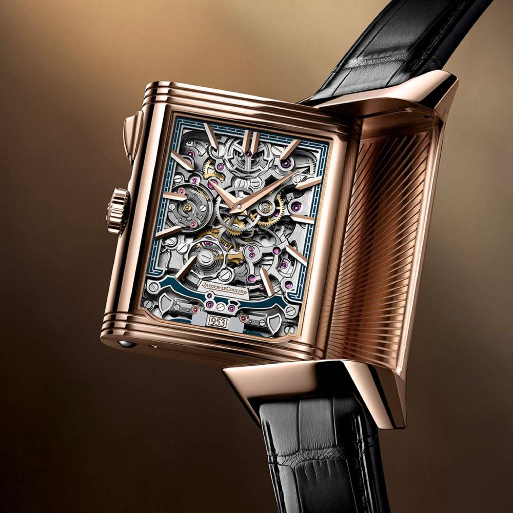 2025 Model Jaeger-LeCoultre Reverso Tribute Minute Repeater 51mm - Ref: Q7122480 Blue/Open-worked Dial in 18k Rose Gold Case, Black Leather