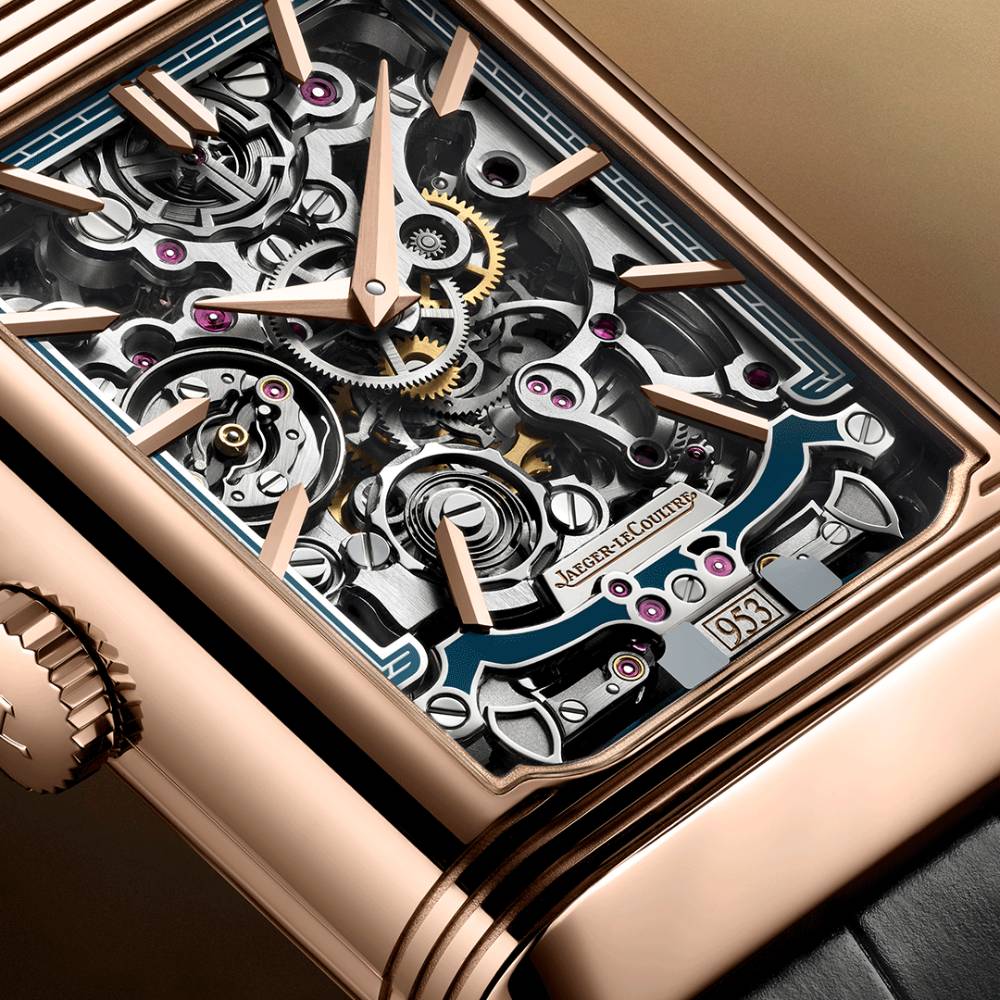 2025 Model Jaeger-LeCoultre Reverso Tribute Minute Repeater 51mm - Ref: Q7122480 Blue/Open-worked Dial in 18k Rose Gold Case, Black Leather