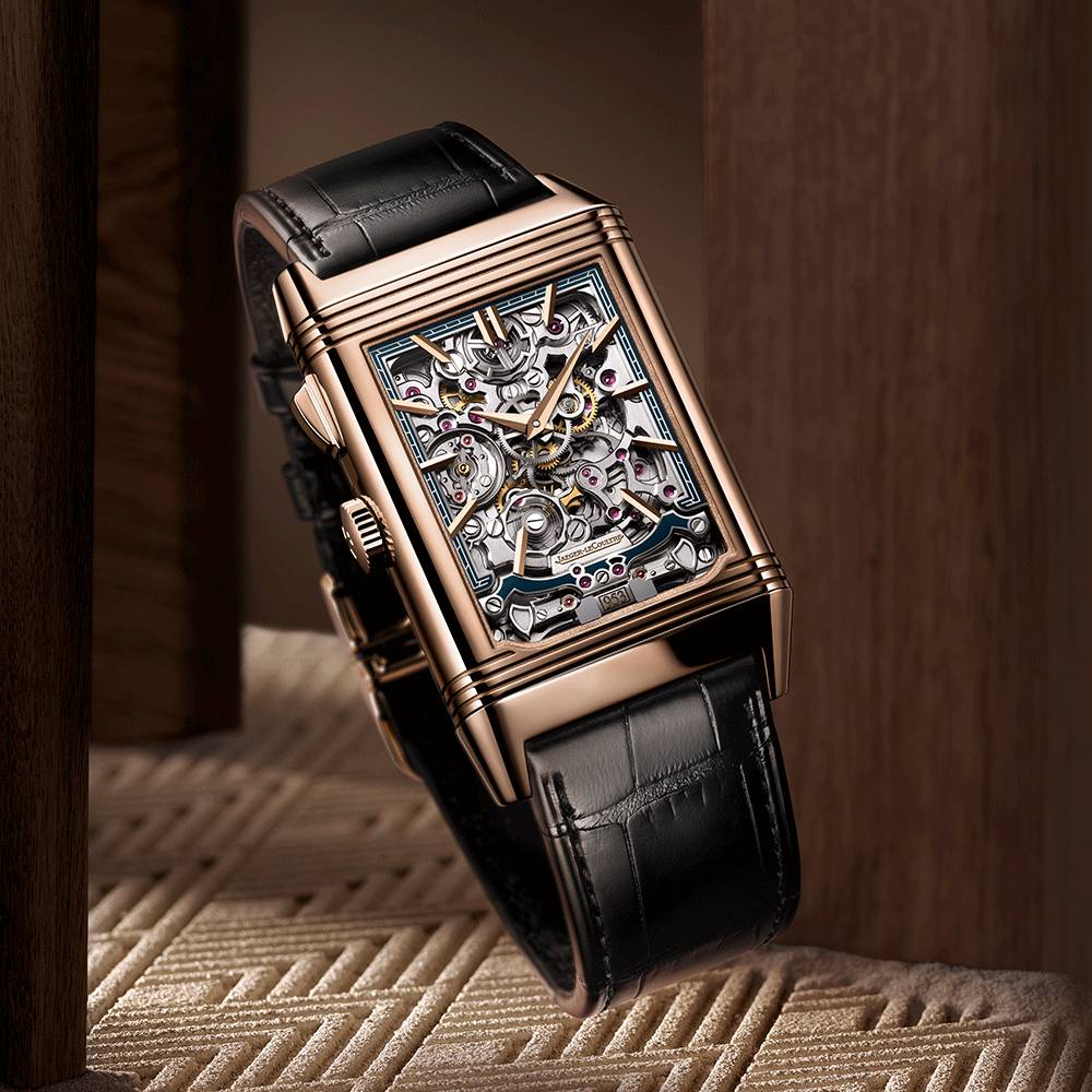 2025 Model Jaeger-LeCoultre Reverso Tribute Minute Repeater 51mm - Ref: Q7122480 Blue/Open-worked Dial in 18k Rose Gold Case, Black Leather