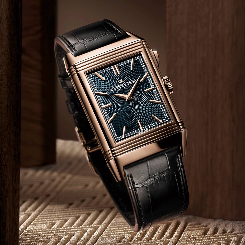 2025 Model Jaeger-LeCoultre Reverso Tribute Minute Repeater 51mm - Ref: Q7122480 Blue/Open-worked Dial in 18k Rose Gold Case, Black Leather