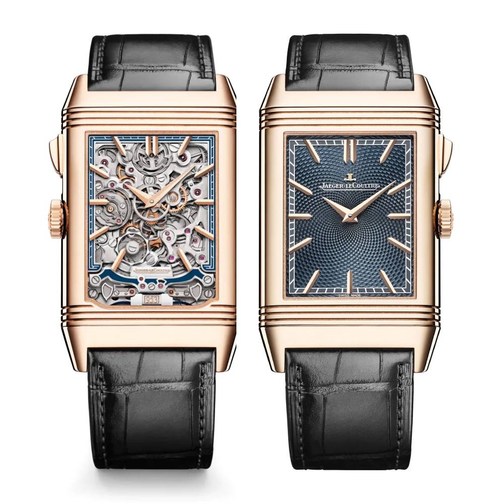 2025 Model Jaeger-LeCoultre Reverso Tribute Minute Repeater 51mm - Ref: Q7122480 Blue/Open-worked Dial in 18k Rose Gold Case, Black Leather