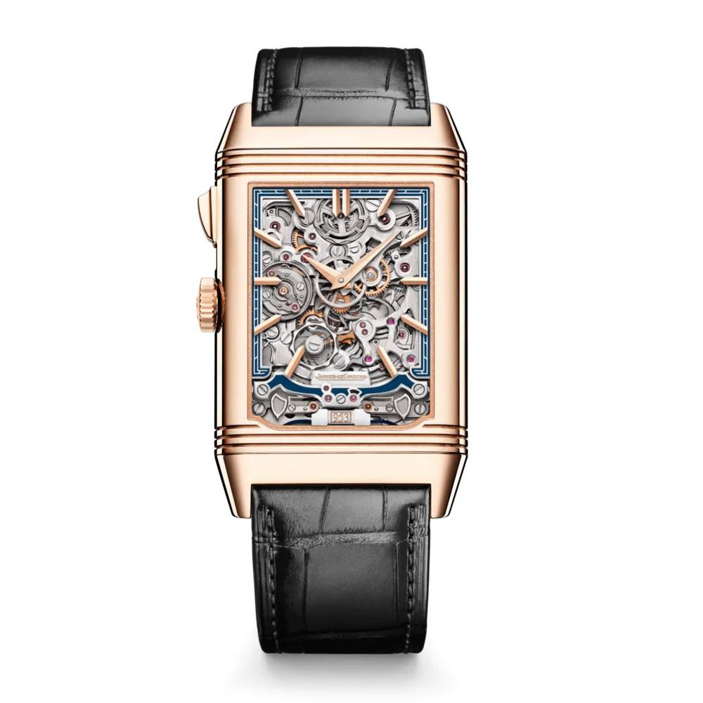 2025 Model Jaeger-LeCoultre Reverso Tribute Minute Repeater 51mm - Ref: Q7122480 Blue/Open-worked Dial in 18k Rose Gold Case, Black Leather