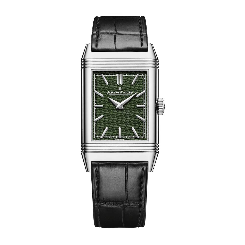 2025 Model Jaeger-LeCoultre Reverso Tribute Rustam Pursues Akvan 45mm - Ref: Q39334S4 Green Dial in 18k White Gold Case, Black Leather