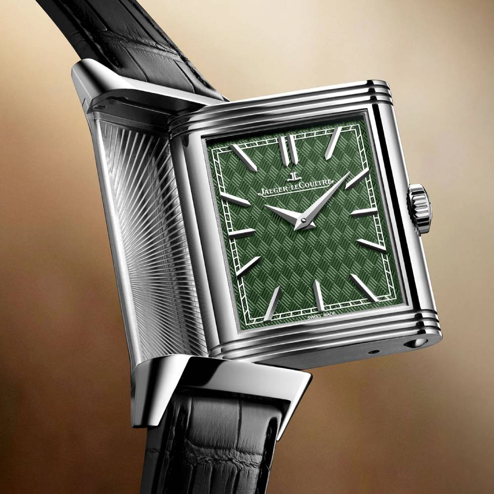 2025 Model Jaeger-LeCoultre Reverso Tribute Rustam Pursues Akvan 45mm - Ref: Q39334S4 Green Dial in 18k White Gold Case, Black Leather