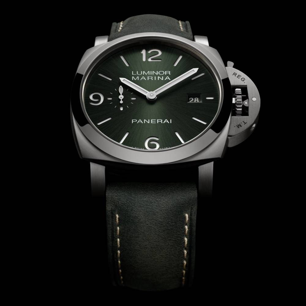2025 Model Panerai Luminor Marina Titanio 44mm Watch - Ref: PAM03325 - Green Arabic Dial in Titanium, Dark Green Calf Strap
