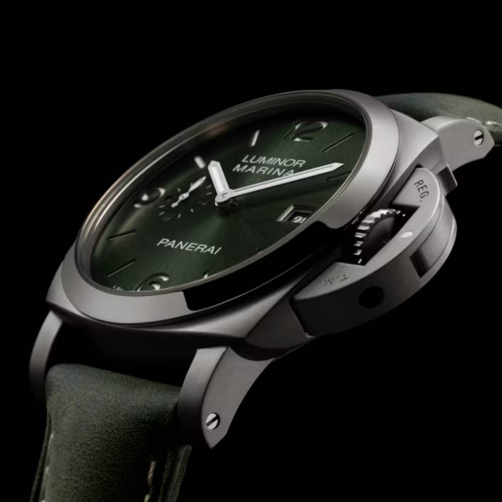 2025 Model Panerai Luminor Marina Titanio 44mm Watch - Ref: PAM03325 - Green Arabic Dial in Titanium, Dark Green Calf Strap