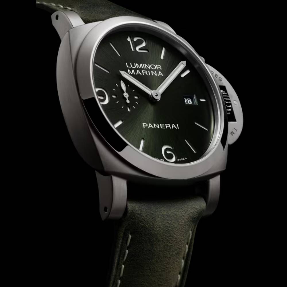 2025 Model Panerai Luminor Marina Titanio 44mm Watch - Ref: PAM03325 - Green Arabic Dial in Titanium, Dark Green Calf Strap
