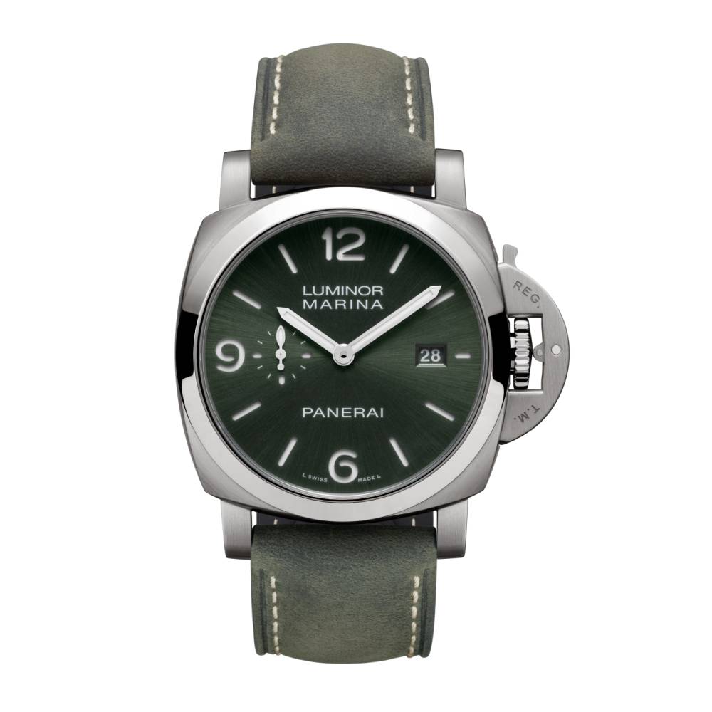 2025 Model Panerai Luminor Marina Titanio 44mm Watch - Ref: PAM03325 - Green Arabic Dial in Titanium, Dark Green Calf Strap
