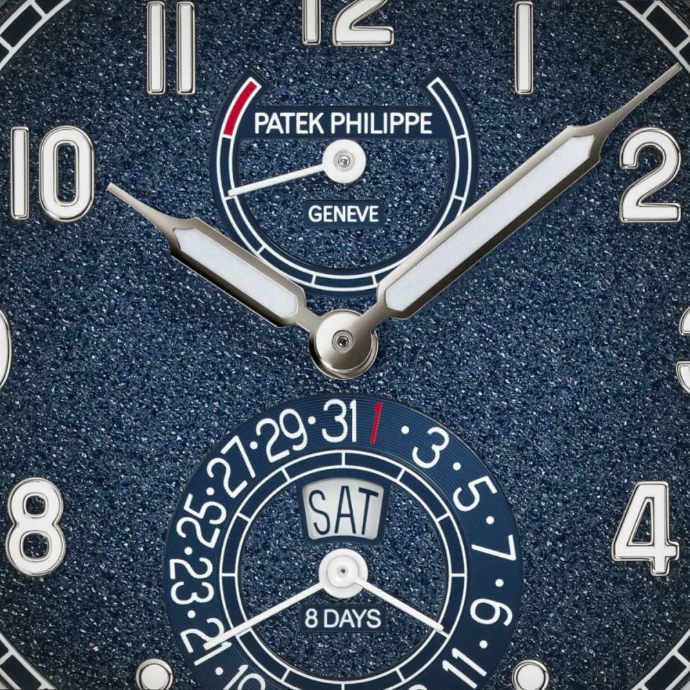 2025 Model Patek Philippe Calatrava Complications 41mm Watch - Ref: 5328G-001 - Blue Dial in 18K White Gold Calfskin Navy Blue Alligator Strap
