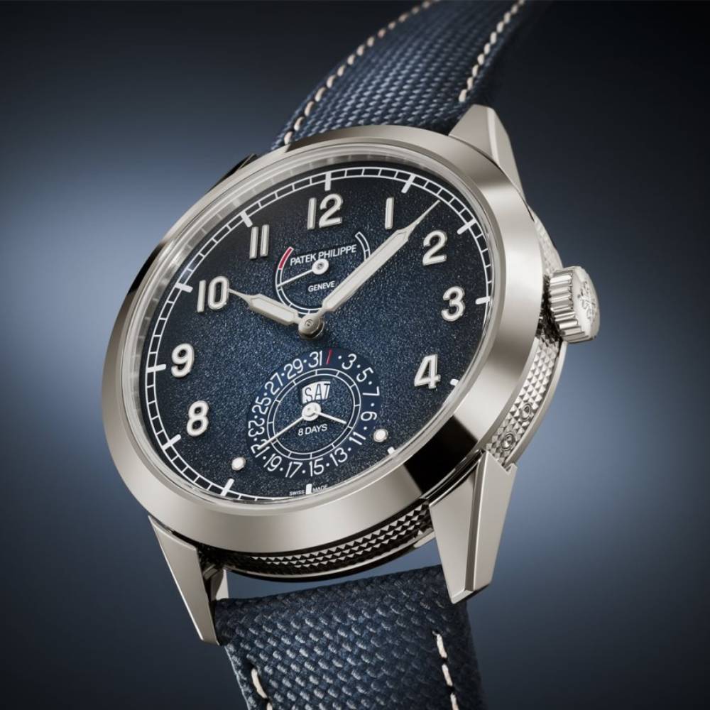 2025 Model Patek Philippe Calatrava Complications 41mm Watch - Ref: 5328G-001 - Blue Dial in 18K White Gold Calfskin Navy Blue Alligator Strap