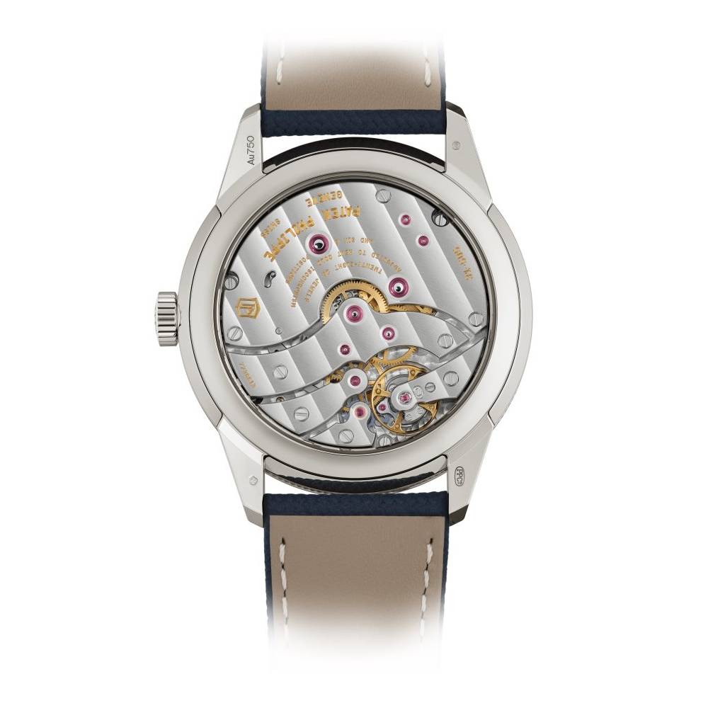 2025 Model Patek Philippe Calatrava Complications 41mm Watch - Ref: 5328G-001 - Blue Dial in 18K White Gold Calfskin Navy Blue Alligator Strap