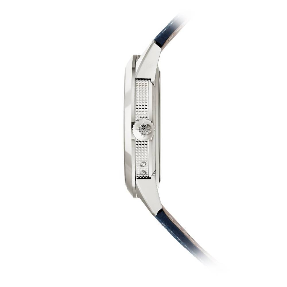 2025 Model Patek Philippe Calatrava Complications 41mm Watch - Ref: 5328G-001 - Blue Dial in 18K White Gold Calfskin Navy Blue Alligator Strap