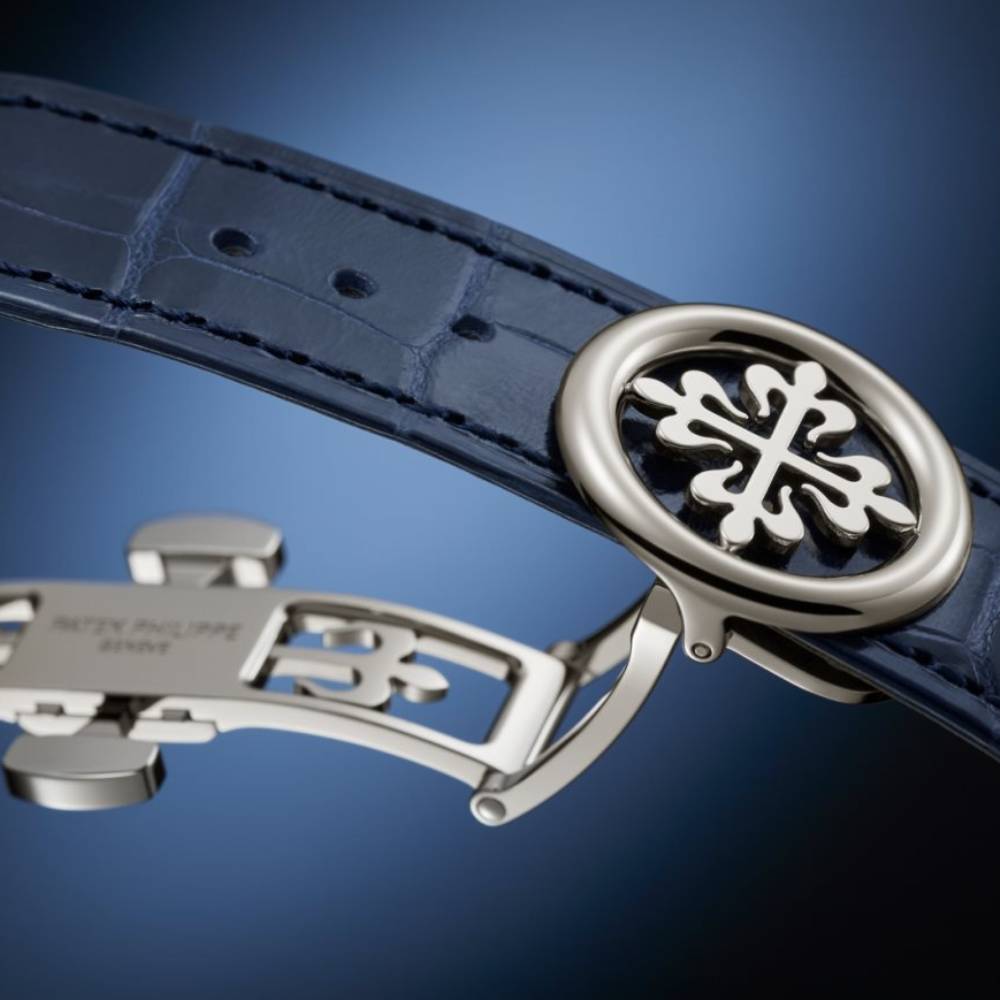 2025 Model Patek Philippe Grand Complications 42mm Watch - Ref: 5308G-001 - Sunburst Ice Blue Dial in 18K White Gold Shiny Navy Blue Alligator Strap