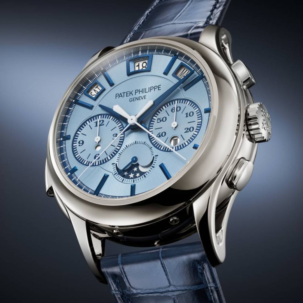 2025 Model Patek Philippe Grand Complications 42mm Watch - Ref: 5308G-001 - Sunburst Ice Blue Dial in 18K White Gold Shiny Navy Blue Alligator Strap