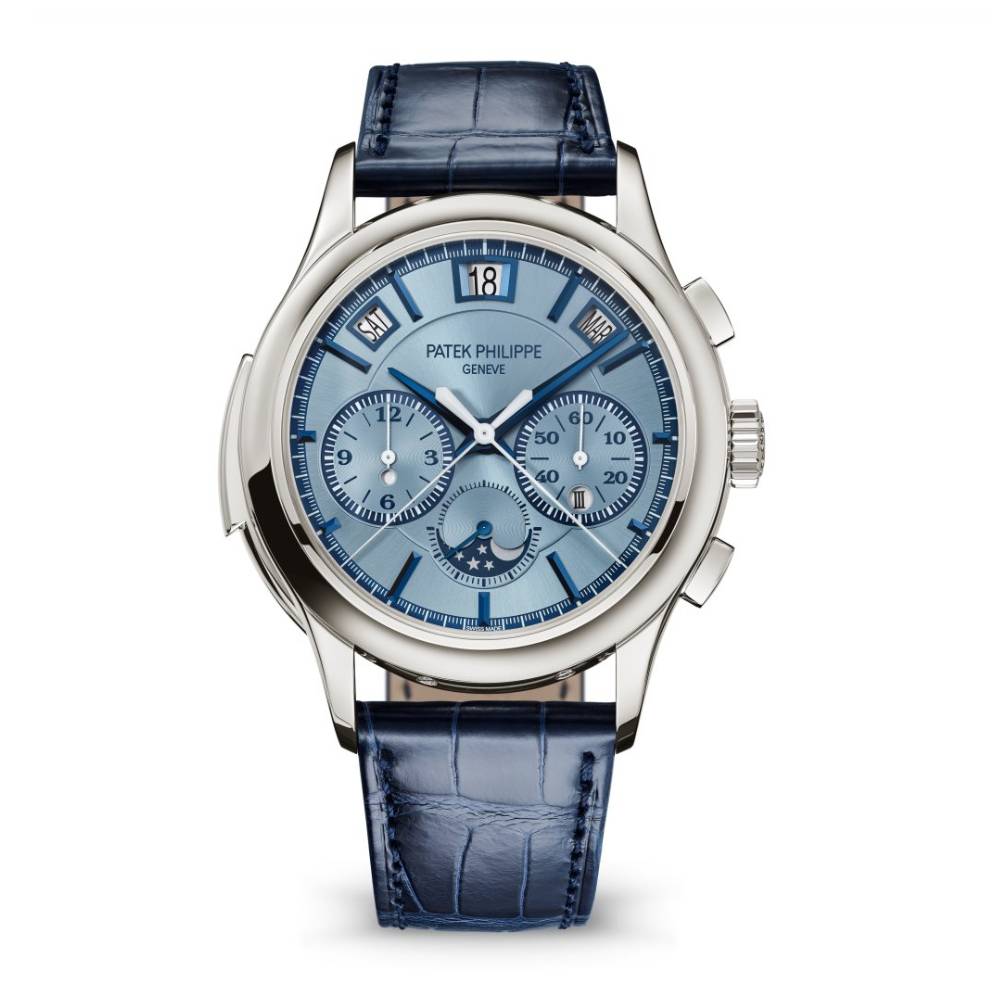 2025 Model Patek Philippe Grand Complications 42mm Watch - Ref: 5308G-001 - Sunburst Ice Blue Dial in 18K White Gold Shiny Navy Blue Alligator Strap