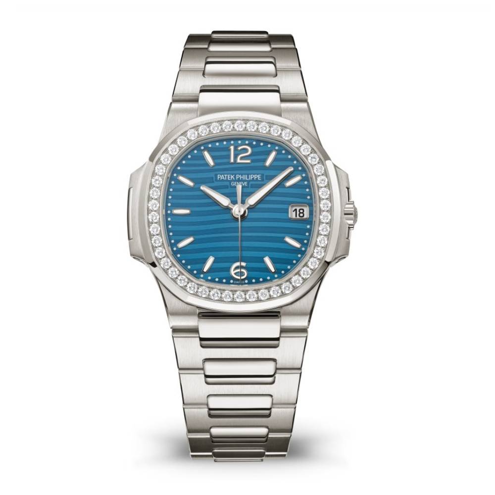 2025 Model Patek Philippe Nautilus 32 mm Watch - Ref: 7010-1G-013 - Azure Blue Wave Motif Dial in 18K White Gold Bracelet