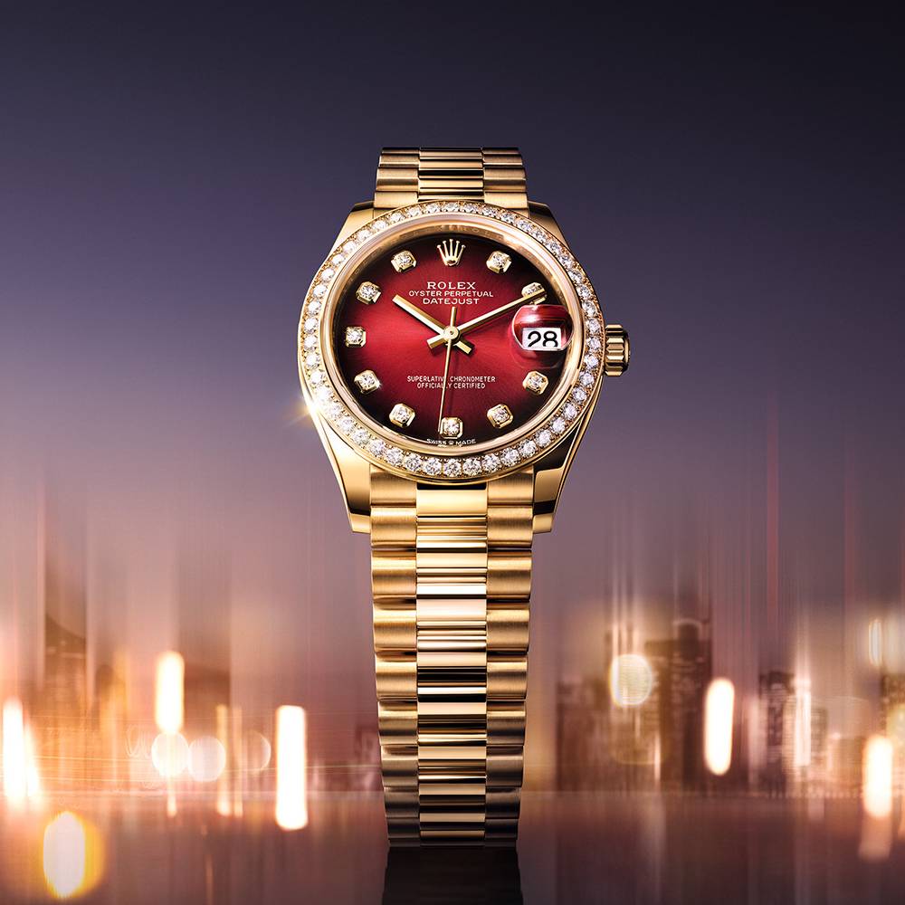 2025 Model Rolex Datejust 31mm - Ref: 278288rbr-0041 - Red Ombre Dial, 18k Yellow Gold President Bracelet Watch