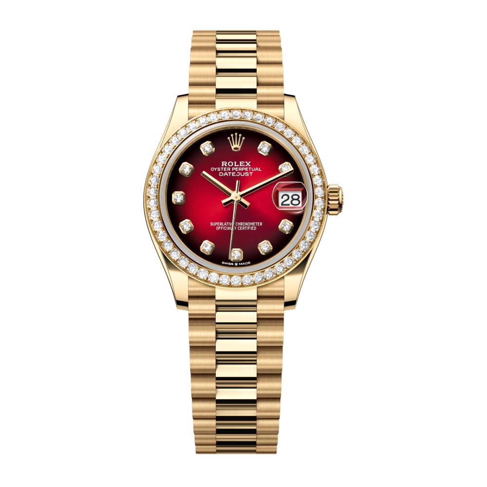 2025 Model Rolex Datejust 31mm - Ref: 278288rbr-0041 - Red Ombre Dial, 18k Yellow Gold President Bracelet Watch