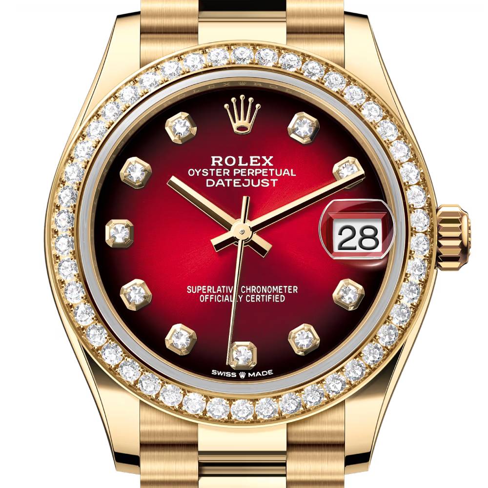 2025 Model Rolex Datejust 31mm - Ref: 278288rbr-0041 - Red Ombre Dial, 18k Yellow Gold President Bracelet Watch