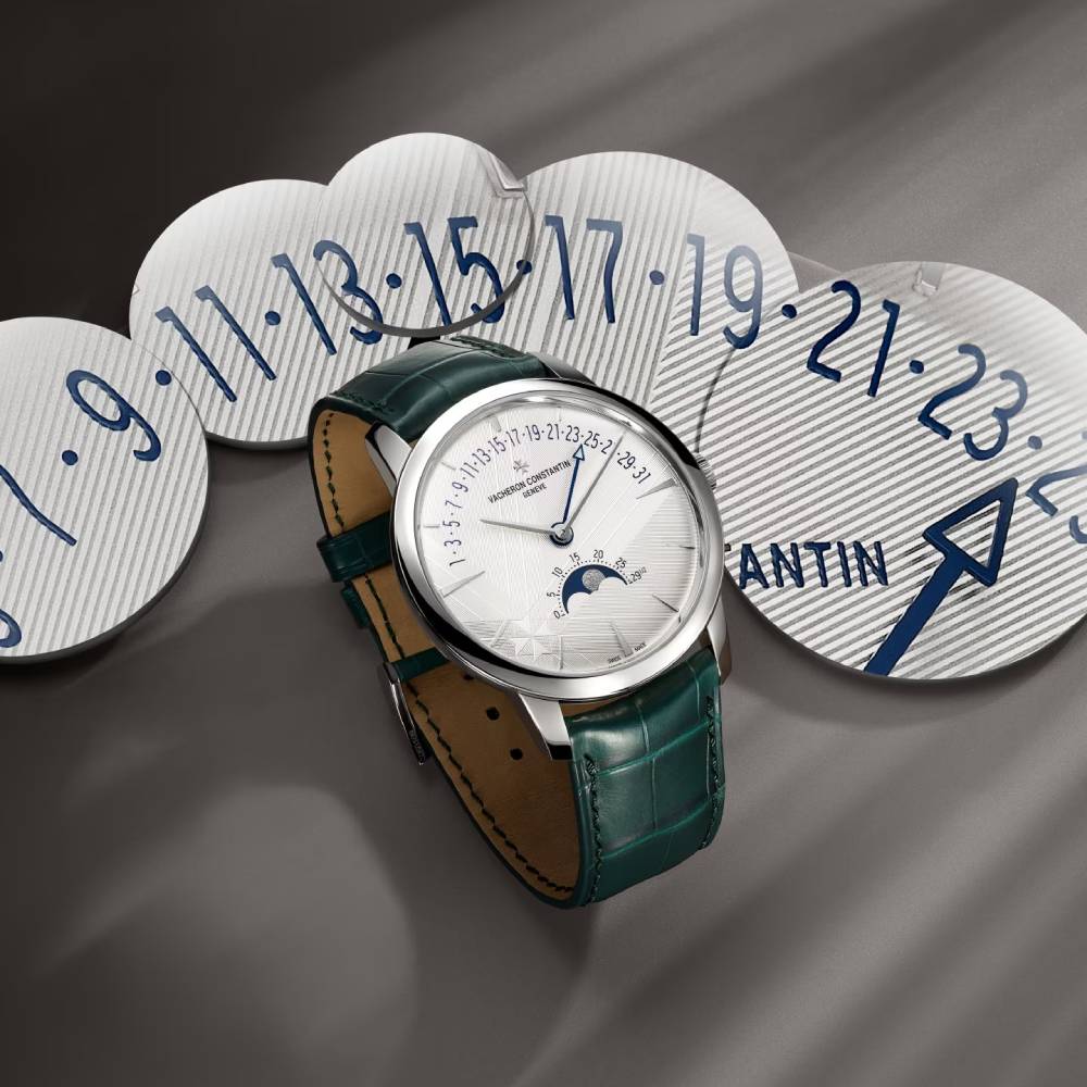 2025 Model Vacheron Constantin Patrimony Moon Phase Retrograde Date 270th Anniversary 42mm - Ref: 4010U/000G-H057 Silver Dial in 18k White Gold Case, Green Leather