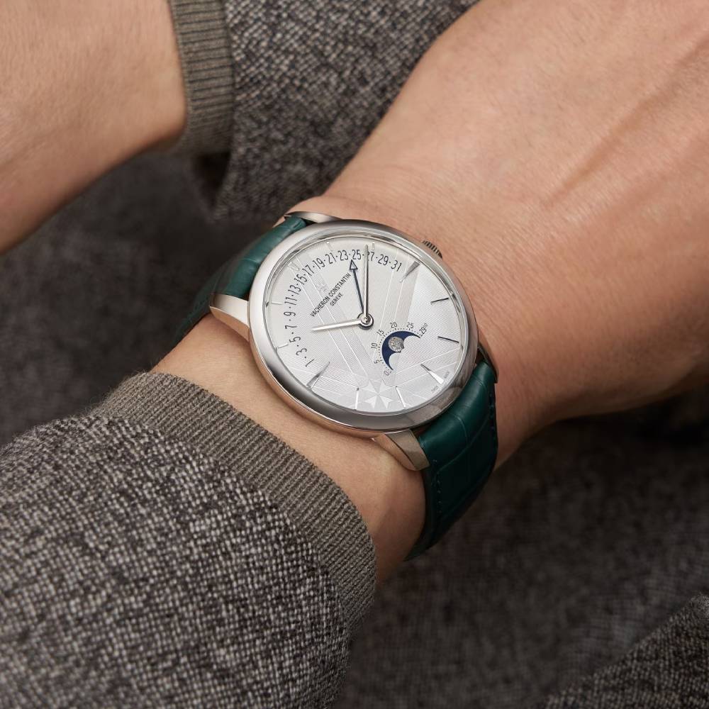 2025 Model Vacheron Constantin Patrimony Moon Phase Retrograde Date 270th Anniversary 42mm - Ref: 4010U/000G-H057 Silver Dial in 18k White Gold Case, Green Leather