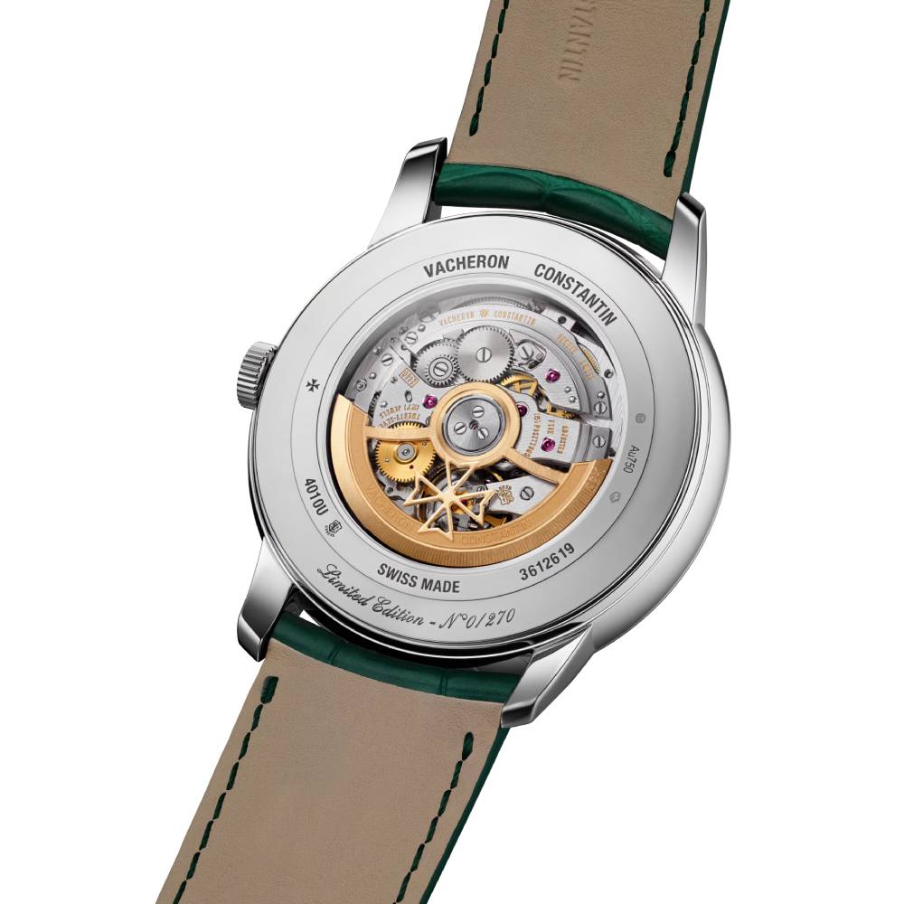 2025 Model Vacheron Constantin Patrimony Moon Phase Retrograde Date 270th Anniversary 42mm - Ref: 4010U/000G-H057 Silver Dial in 18k White Gold Case, Green Leather