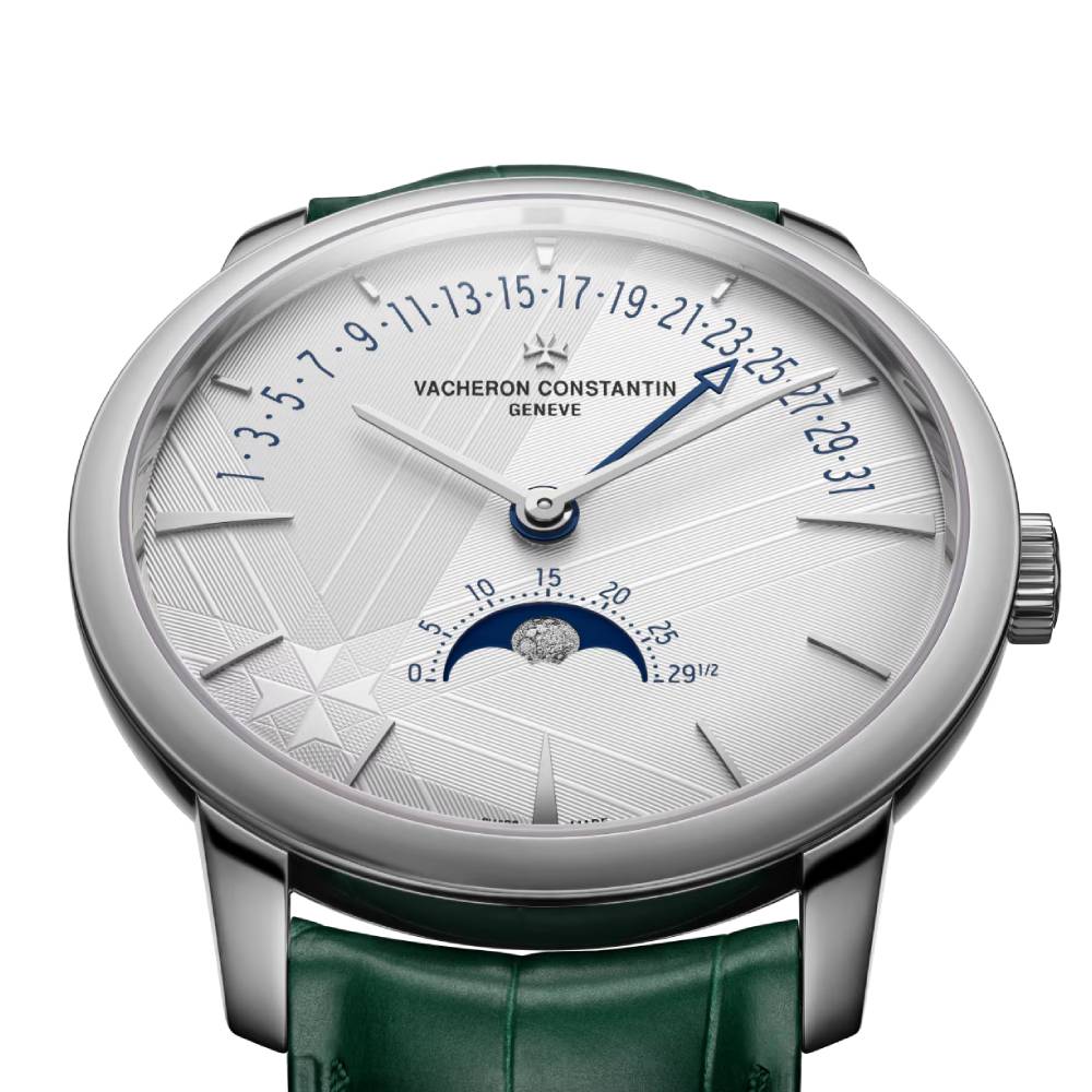 2025 Model Vacheron Constantin Patrimony Moon Phase Retrograde Date 270th Anniversary 42mm - Ref: 4010U/000G-H057 Silver Dial in 18k White Gold Case, Green Leather