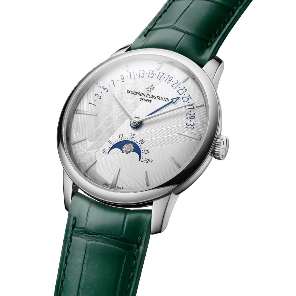 2025 Model Vacheron Constantin Patrimony Moon Phase Retrograde Date 270th Anniversary 42mm - Ref: 4010U/000G-H057 Silver Dial in 18k White Gold Case, Green Leather
