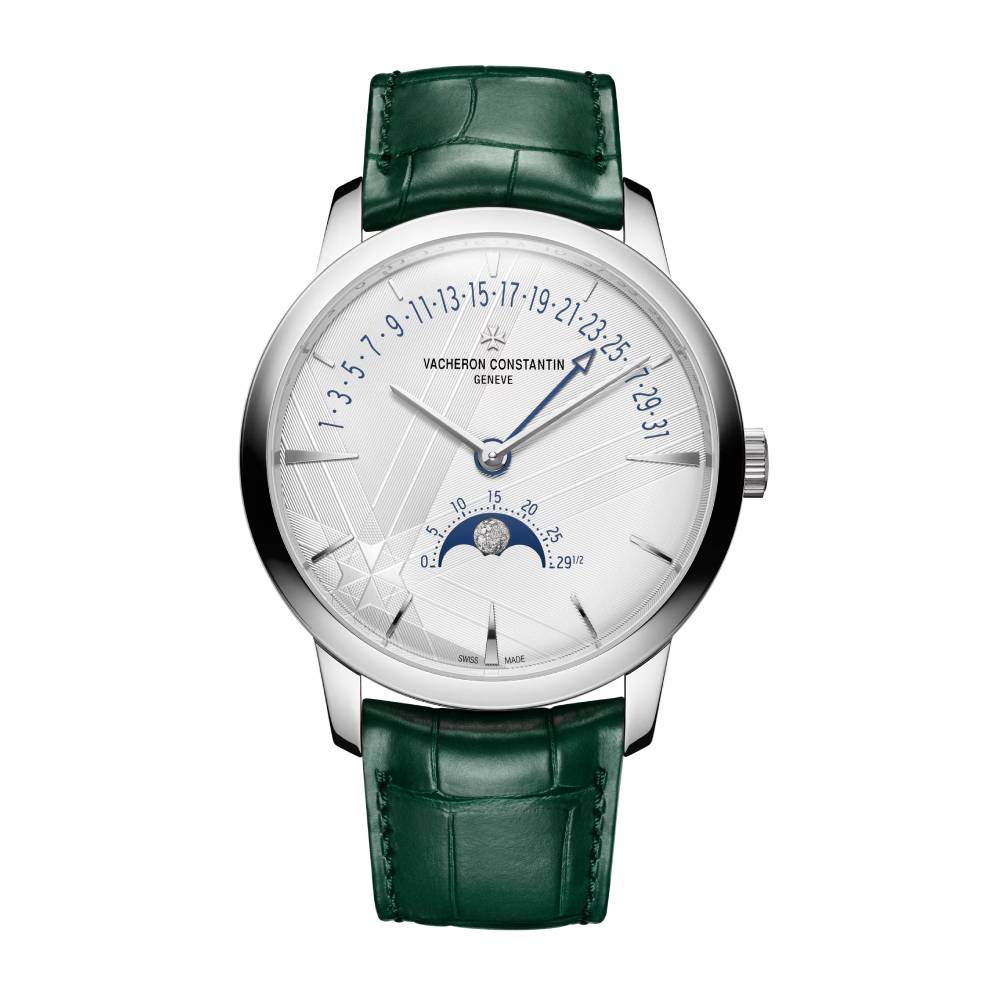 2025 Model Vacheron Constantin Patrimony Moon Phase Retrograde Date 270th Anniversary 42mm - Ref: 4010U/000G-H057 Silver Dial in 18k White Gold Case, Green Leather