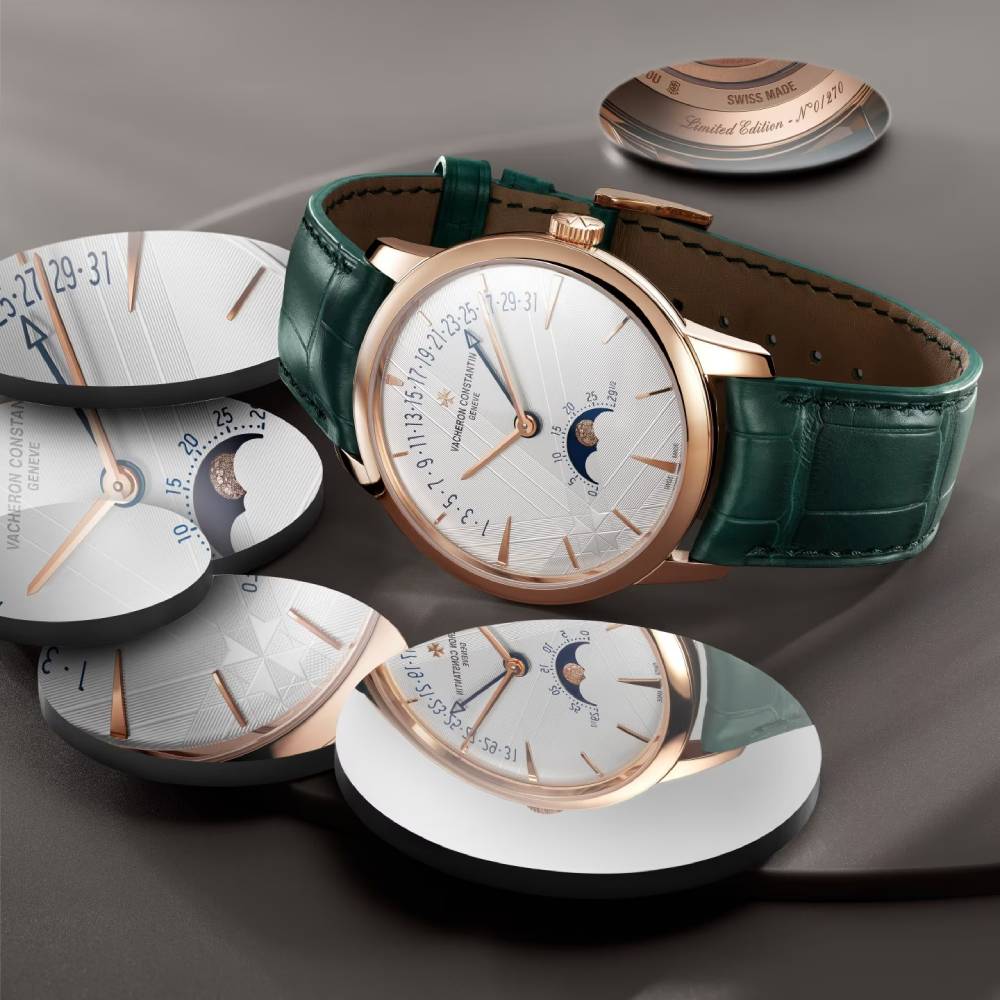 2025 Model Vacheron Constantin Patrimony Moon Phase Retrograde Date 270th Anniversary 42mm - Ref: 4010U/000R-H117 Silver Dial in 18k Rose Gold Case, Green Leather