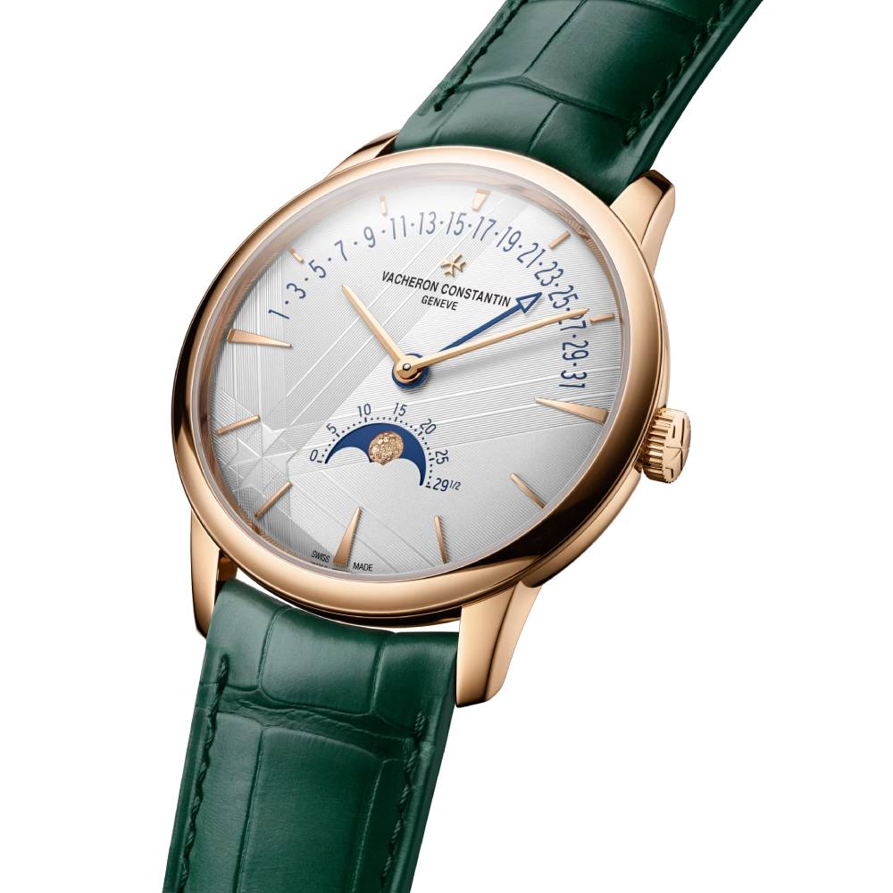 2025 Model Vacheron Constantin Patrimony Moon Phase Retrograde Date 270th Anniversary 42mm - Ref: 4010U/000R-H117 Silver Dial in 18k Rose Gold Case, Green Leather