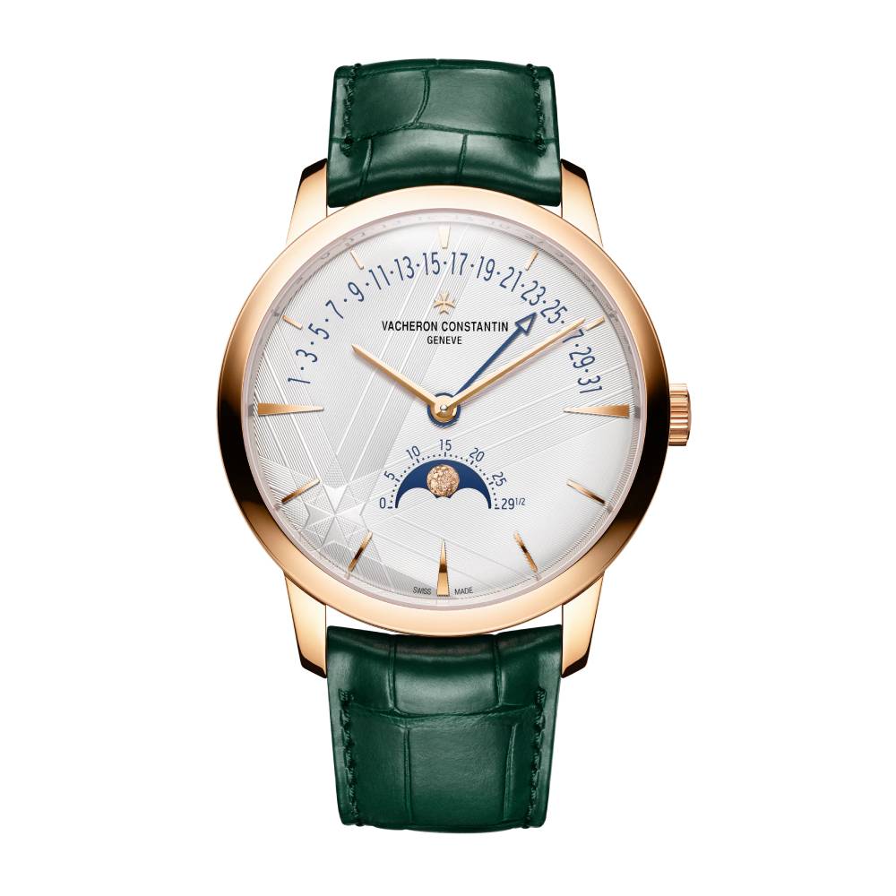 2025 Model Vacheron Constantin Patrimony Moon Phase Retrograde Date 270th Anniversary 42mm - Ref: 4010U/000R-H117 Silver Dial in 18k Rose Gold Case, Green Leather