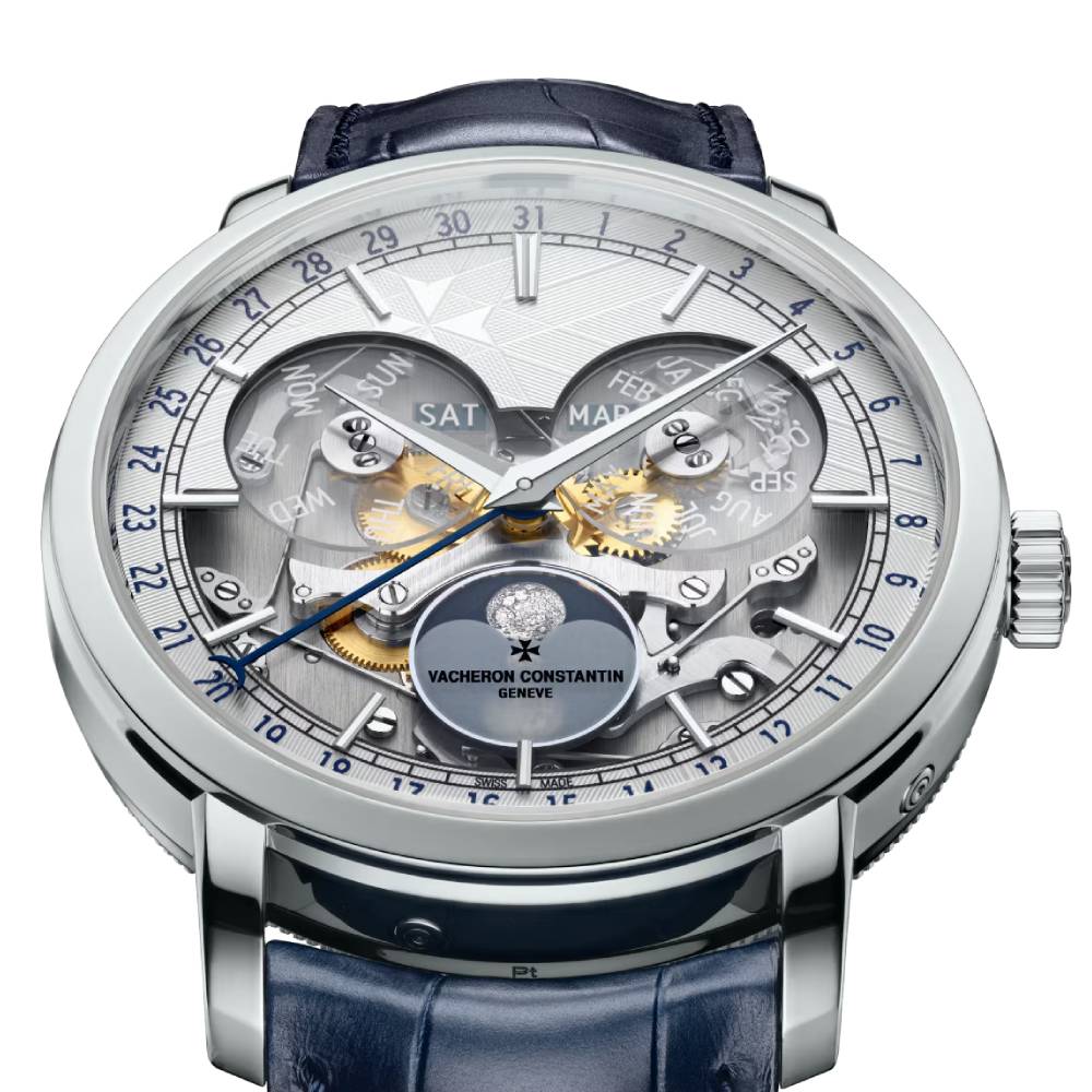 2025 Model Vacheron Constantin Traditionnelle Complete Calendar Openface 270th Anniversary 41mm - Ref: 4020T/000P-H038 Silver Dial in Platinum Case, Dark Blue Leather