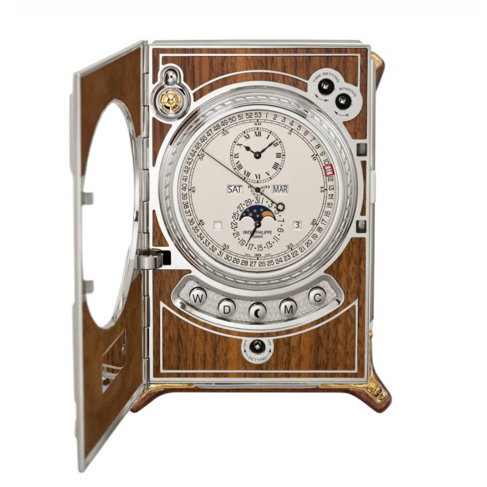 2025 Release Patek Philippe Grand Complications 125 mm Desk Clock - Ref: 27000M-001 - Opaline Dial, Sterling Silver Cabinet